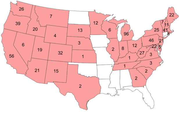 Figure 2. Number of recorded RTB collections in the U.S. from T. Atkinson’s curated bark and ambrosia beetle database; http://www.barkbeetles.info/.